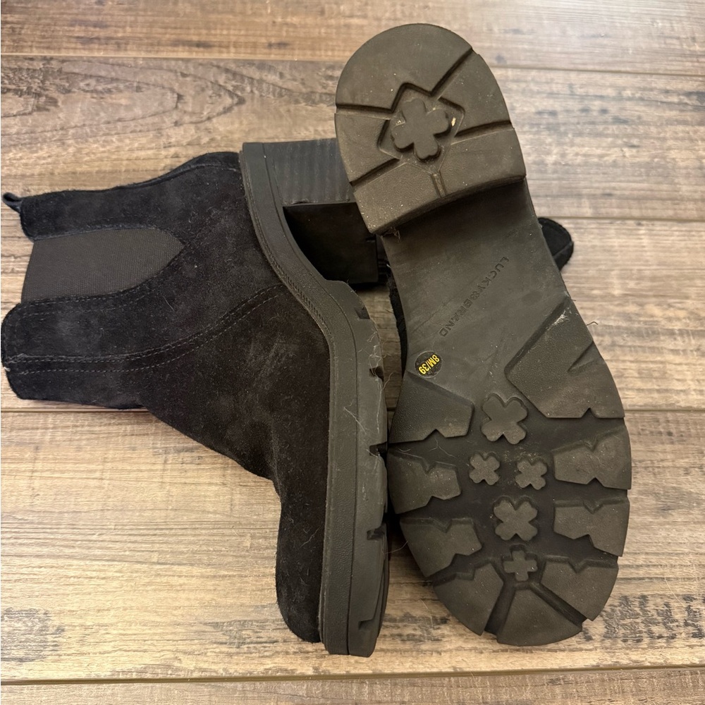 Lucky Brand Black Suede/Leather Heeled Ankle Boots with Zipper Size 8